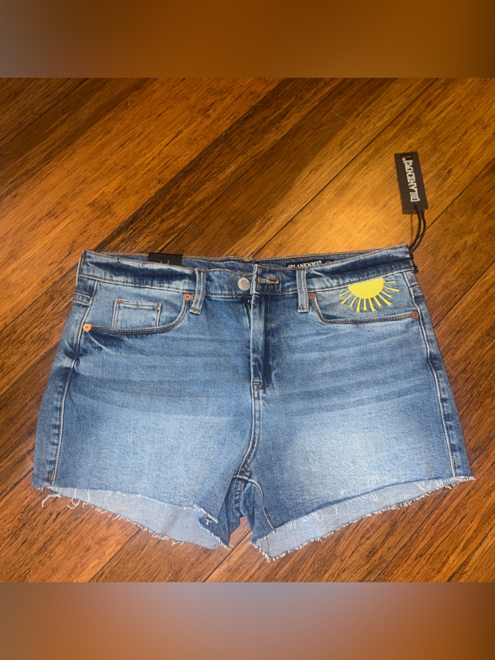 blanc noir Blue Denim Jean Shorts with Yellow Sun Patch